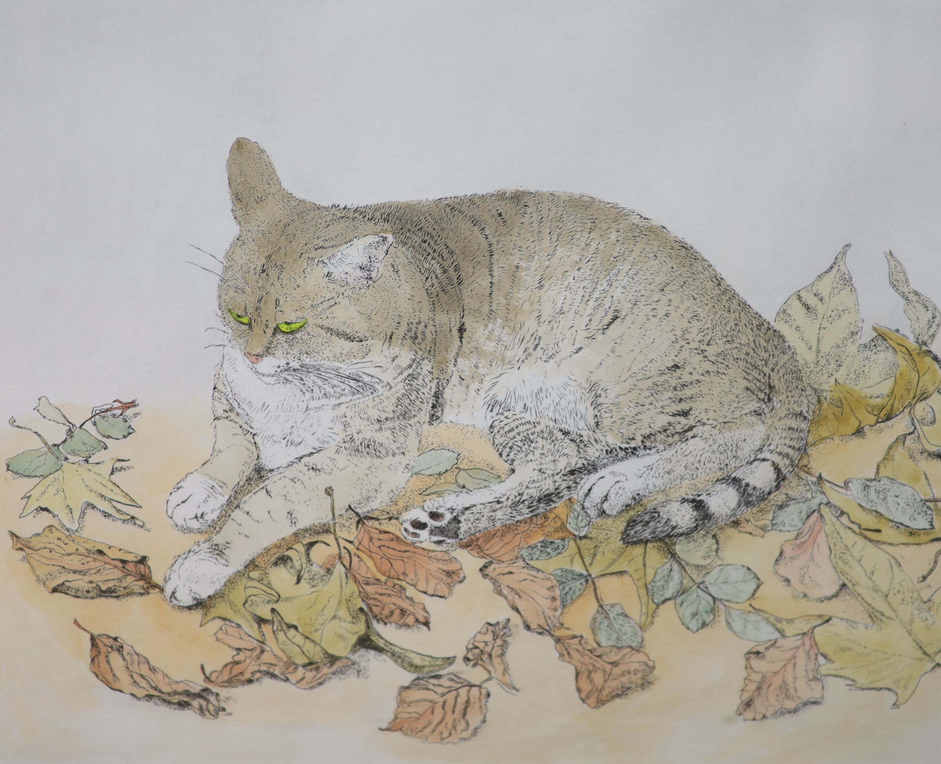 Gillian Whaite (1934-), etching and watercolour, Cat among autumn leaves, signed, 11/75, 40 x 50cm
